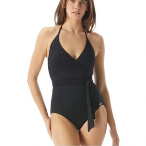 Vince Camuto V Neck Halter Wrap Tie One Piece Swimsuit Black Size 6 NWT